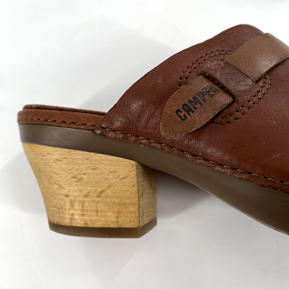 Camper Mules Clogs Slip On Womens Size EU 37/US 6 Brown Leather Wooden Heel - Picture 8 of 11